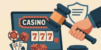 Een foto van een laptop met gokelementen wat online casino's moet voorstellen. Daarnaast zien we de hamer van een rechter, wat sterkere regulering van de KVA moet voorstellen.