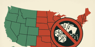 Overzicht van de Amerikaanse Staten met een duidelijk stop bord en daarop gokelementen zoals dobbelstenen, speelkaarten, pokerchips en sweepstakes
