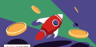Illustration of a red rocket soaring among gold coins on a colorful background. The mood is dynamic and playful.