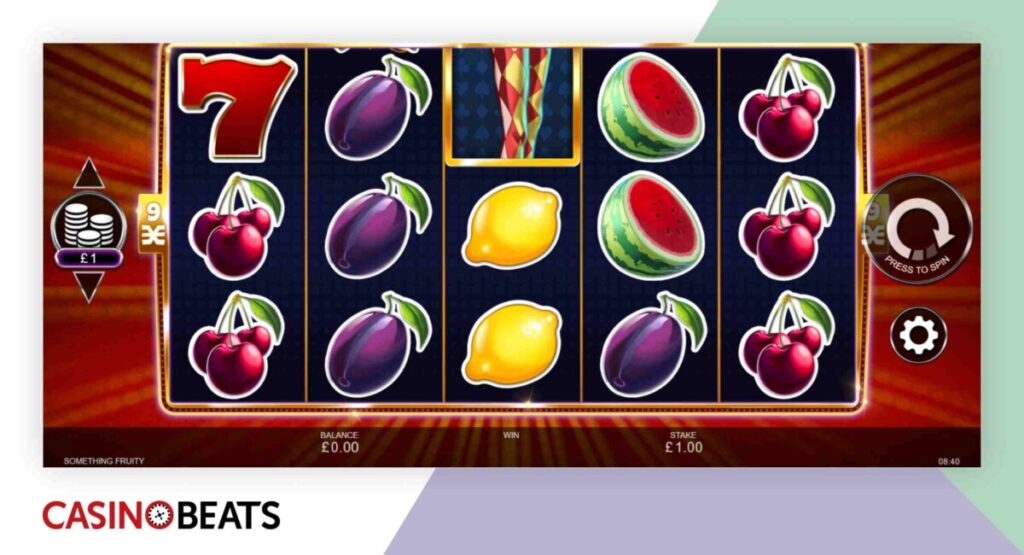 Colorful slot game display featuring fruit symbols like cherries, plums, lemons, and watermelons, with a prominent red 7.