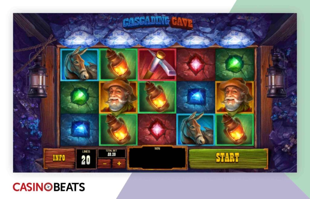 A colorful slot machine interface featuring gemstones, lanterns, and horses, with options for betting and gameplay.