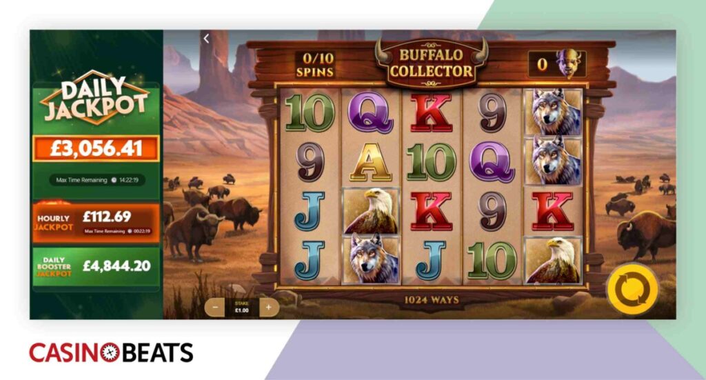 A slot game screen titled "Buffalo Collector" displays symbols of wildlife and jackpots, set against a scenic backdrop of bison and mountains.