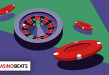 Illustration of a roulette wheel and red poker chips on a green and purple background, conveying a vibrant casino theme