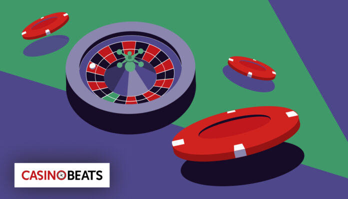 Illustration of a roulette wheel and red poker chips on a green and purple background, conveying a vibrant casino theme