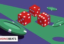 Illustration of three red dice and poker chips on a green and purple table