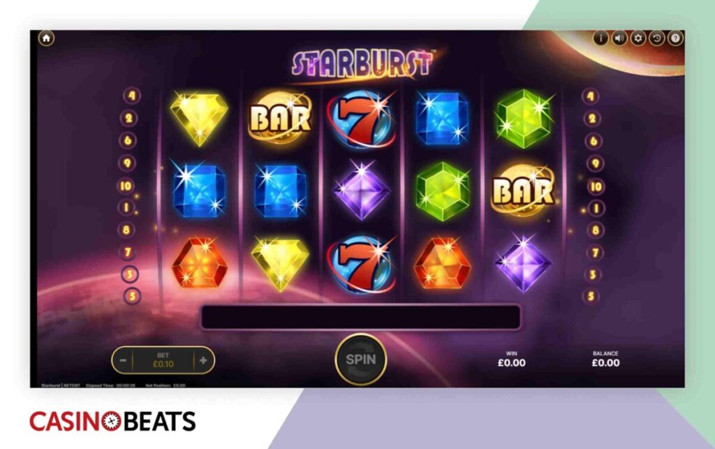 Screenshot of the Starburst slot game, featuring colorful gems and BAR symbols, with a spin button and betting information displayed.